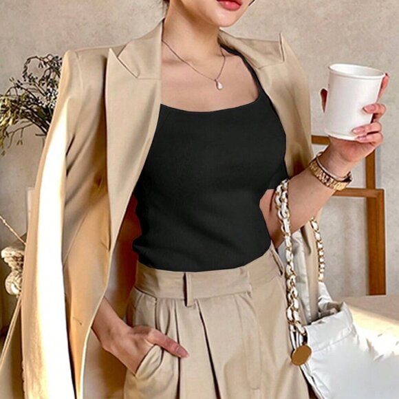 Black Casual Women's Fitted Transformable Square Neck Knit Top - Picture 4 of 5